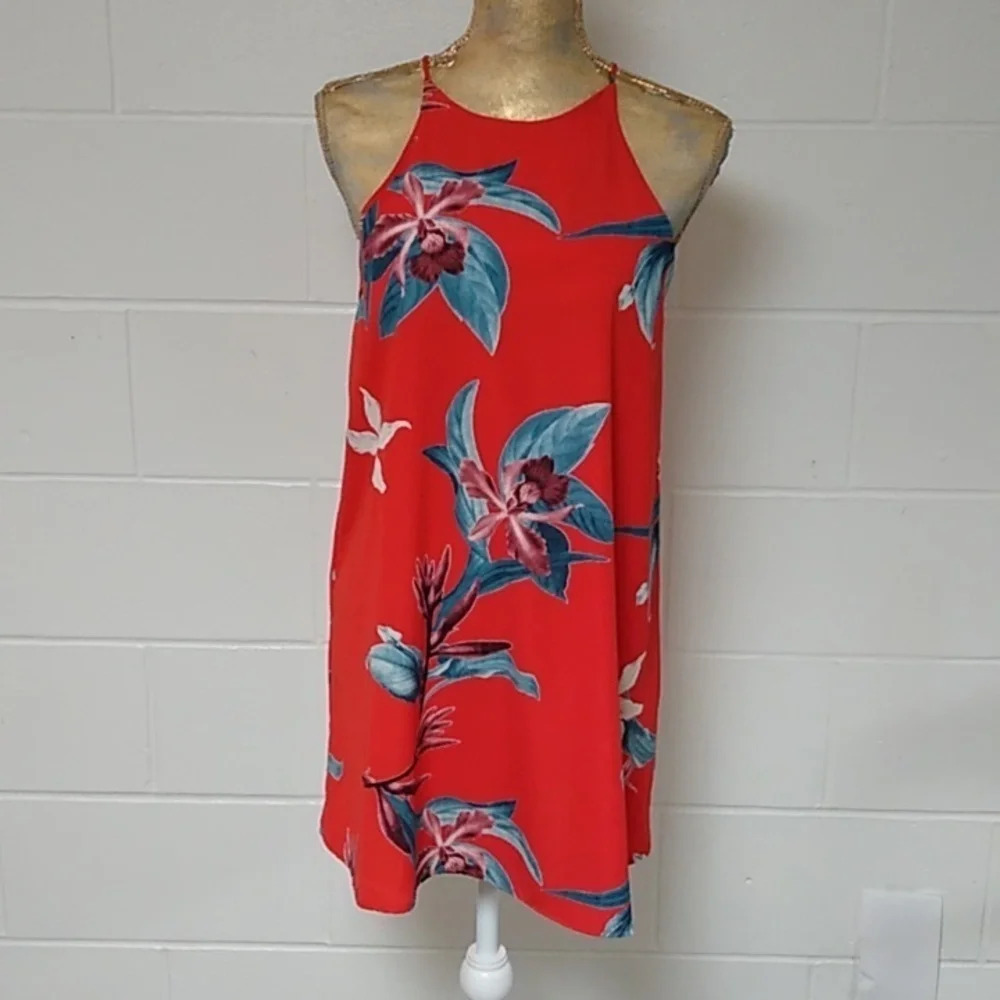 TYCHE, HALTER STYLED, TROPICAL FLORAL MINI SUN DRESS, KEY HOLE BACK.